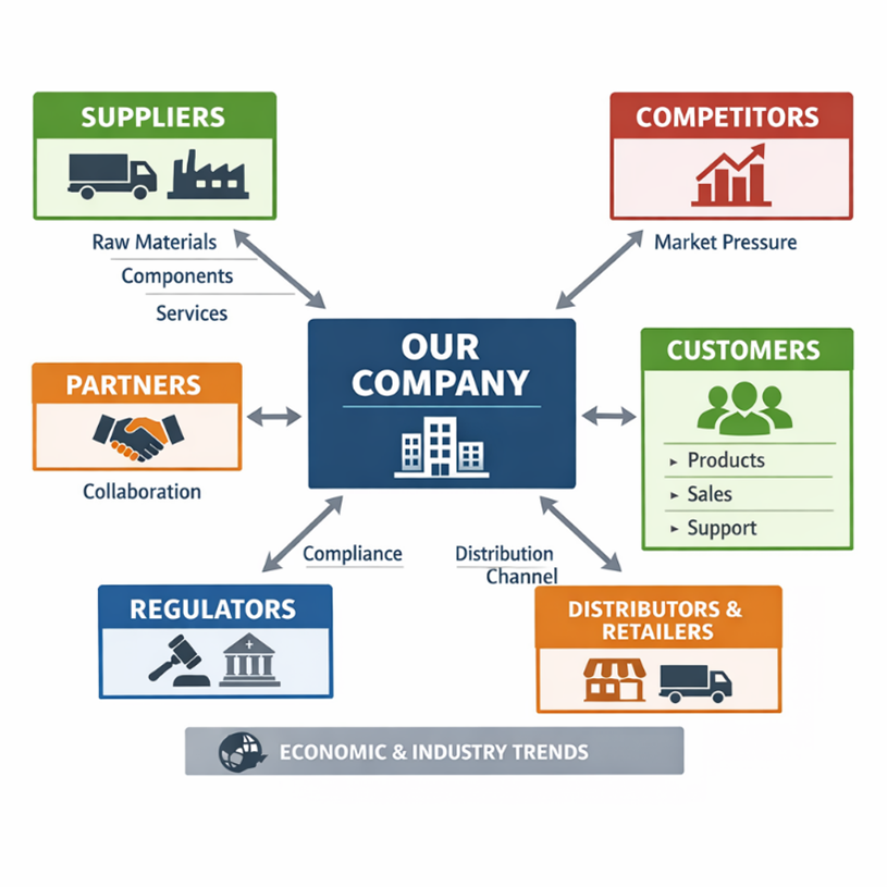 A diagram of interested parties which surround a company