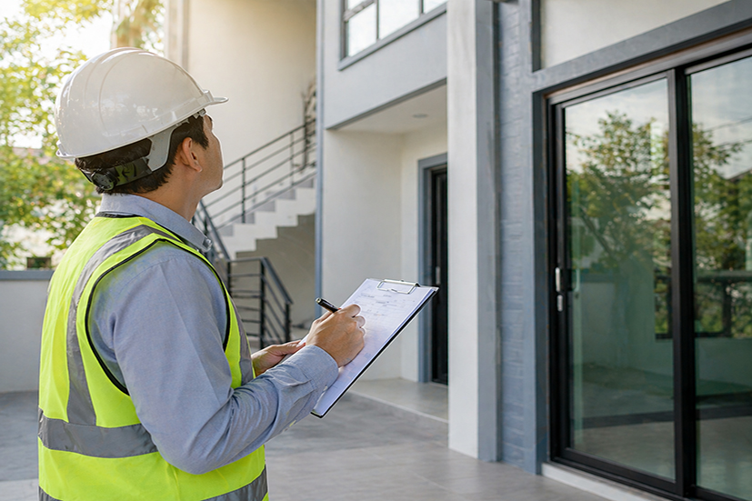Man conducting a premises inspection with a clipboard 