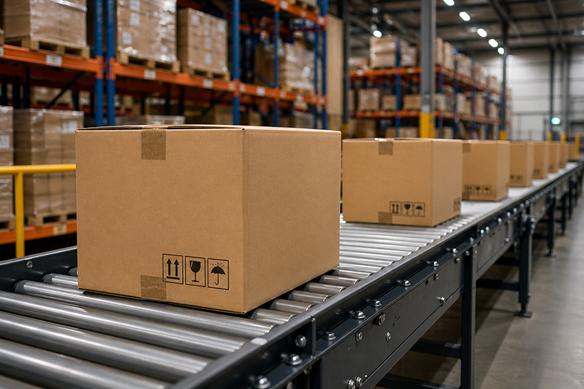 Conveyor belt of boxes in a warehouse 
