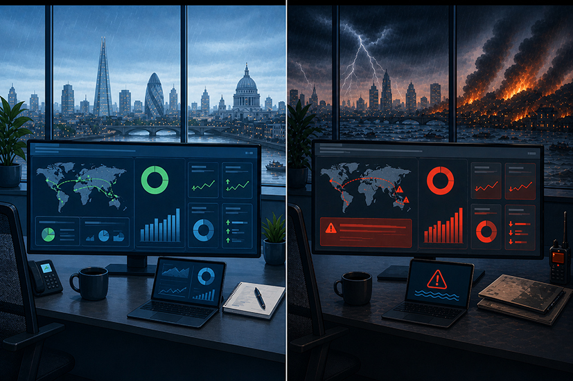 Image showing an office in two different states due to climate change 