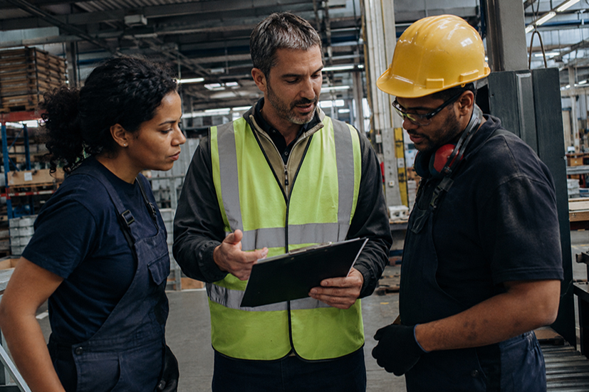 Workers in a warehouse reviewing work plans 