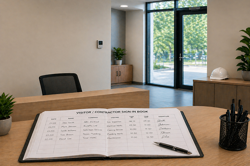 Office reception area with sign in book for visitors and contractors 